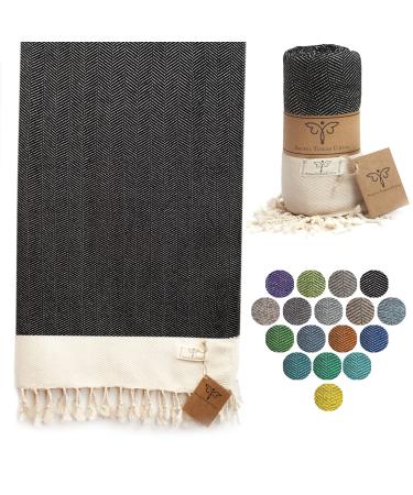 SMYRNA TURKISH COTTON Herringbone Series Beach Towel | 71 x 37 in 100% Cotton | Extra Large Wearable Turkish Bath Towel | Made in Turkey | Doesn't Shrink | Premium Luxury - Black