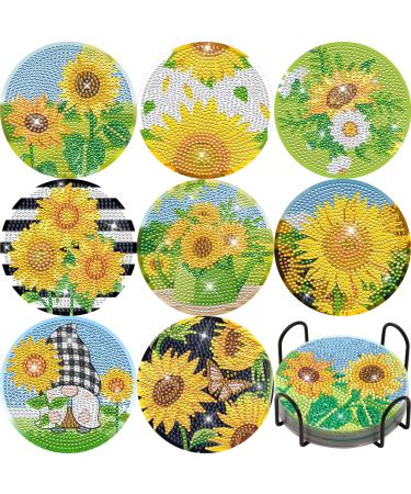 Sunflower Diamond Painting Coasters DIY Diamond Art Coaster 5D Full Drill Diamond Coaster Acrylic Round Cup Coaster with Holder Cork Pad for Summer Fall Thanksgiving Party Home Decor DIY Crafts  8 PCS