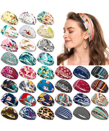 36 Pcs Boho Headbands for Women's Hair Non Slip Wide Headband Yoga Workout Headband Print Hair Bands Sweat Hair Wrap Running Hair Accessories for Women Girls