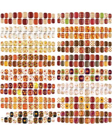 384 Pcs 16 Pack Fall Thanksgiving Press on Nails Autumn Short Fake Nails Square False Nails Artificial Nail Tips Full Cover Coffin with Maple Leaf Orange Floral Pattern for Women (Elegant Pattern)