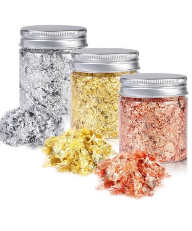 YULIKTOR Gold Foil Flakes for Resin,3 Bottles Metallic Foil Flakes 15 Gram,Imitation Gold Foil Flakes Metallic Leaf for Nails, Painting, Crafts,Slime and Resin Jewelry Making,Gold,Silver,Copper Colors Gold, Silver, Copper Colors
