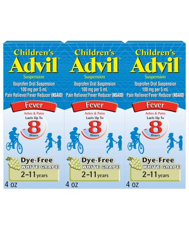 Childrens Advil Pain Reliever and Fever Reducer, Dye Free Children's Ibuprofen for Pain Relief, Liquid Ibuprofen for Children, White Grape - 4 Fl Oz (Pack of 3)