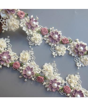 1 Yard Vintage Style Flower Pearl Beads Lace Trim Ribbon - Apricot Wedding Dress Embellishment - Buy Online on SooperMarket.com