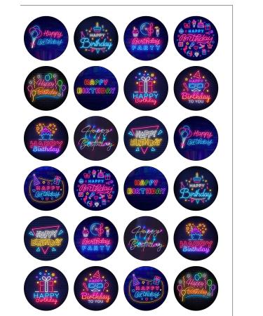 24 Precut Round Neon Signs Themed Happy Birthday Edible Wafer paper Cake Toppers Decorations - Boy or Girl
