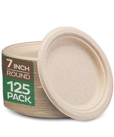 100% Compostable 7 Inch Paper Plates 125-Pack Heavy-Duty , Natural Disposable Bagasse , Eco-Friendly Made of Sugarcane Fibers-Natural Unbleached Brown 7" Biodegradable Plate by Stack Man