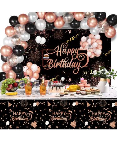 Rose Gold Happy Birthday Extra Large Fabric Sign Poster Banner Backdrop with 2pcs Waterproof tablecloths and 50pcs Metallic Shiny Latex Balloons for Birthday Party Background Decoration Supplies