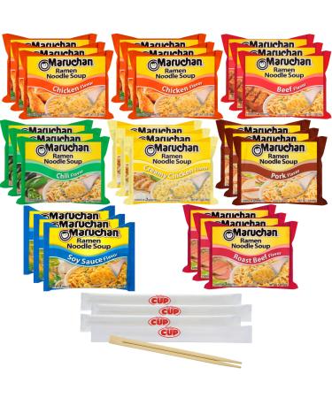 Maruchan Ramen Noodle Soup Variety, 7 Flavors, 3 Ounce Single Servings (Pack of 24) with By The Cup Chopsticks