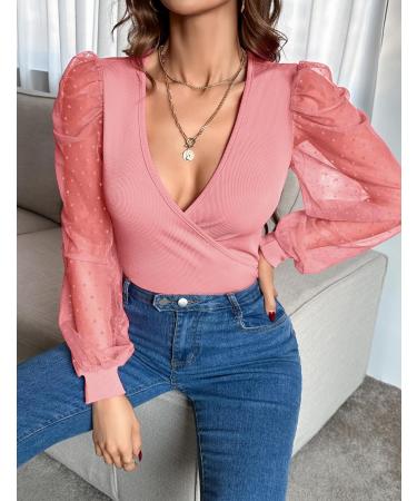 Fayenne Womens Tops Deep V Neck Cross Wrap Sexy Tops Polka Dot Mesh Long Sleeve T Shirt Casual Blouses M Deep Pink - Buy Online on SooperMarket.com