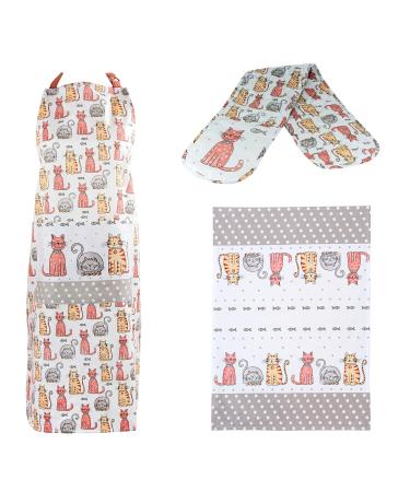 Cotton Kitchen Towel Adjustable Bib Apron Heat Resistant Double Oven Mitt - 100% Cotton Kitchen Gift Set of 3 - Cooking Baking Gifts for Cat Lovers - Machine Washable (Happy Cats Multicolor)