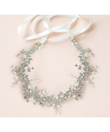 BABEYOND Bridal Headpiece Handmade Wedding Hair Vine Crystal Floral Leaf Headband with Satin Ribbon (Silver) Silver 1 Count (Pack of 1)