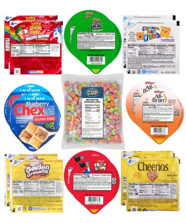 Kellogg's & General Mills Cereal Bowl Variety - Cinnamon Toast, Apple Jacks, Golden Grahams, Lucky Charms + 1 Bag of Cereal Marshmallows