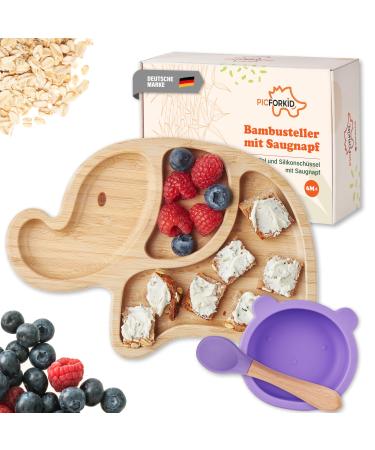 PICFORKID High -quality children's tableware set in a gift box bamboo plate with a strong suction cup including the spoon and silicone bowl with a strong suction cup gift for birth or 1st birthday BLW