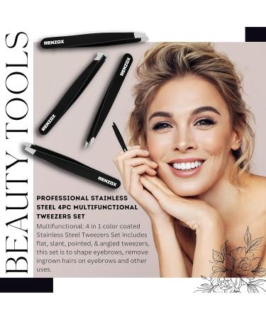 Renzox 4pcs Tweezers for Facial Hair Women & Men Hair Removal Eyebrow Tweezers Professional Stainless Steel Black Color Coated tweezer Set Slanted & Pointed Tip for ingrown Hair with Leather Pouch - Buy Online on SooperMarket.com