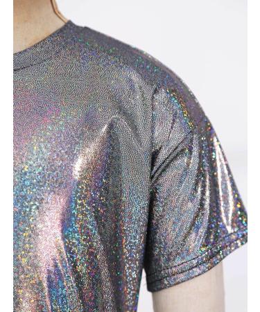 FEESHOW Kids Girls Sparkly Metallic Shiny T-Shirt | Boys Short Sleeves Loose Dance Costume | Black | 9-10 Years - Buy Online on SooperMarket.com
