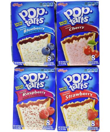 Pop Tarts Variety Pack, Frosted FRUIT Flavors: Strawberry, Blueberry, Cherry, and Raspberry. Bundle of 4-8 Count Boxes, 1 of Each Flavor. Great Care Package or Gift