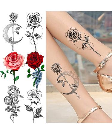 Black Sketch Rose & Snake Temporary Tattoos for Women - Waterproof Sexy Red Rose & Crescent Moon Tattoo Sticker Kit - Buy Online on SooperMarket.com