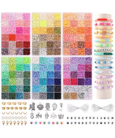 QUEFE 14000pcs, 136 Colors Clay Beads for Bracelet Making Kit Flat Round Polymer Clay Beads Spacer Heishi Beads for Jewelry Making with Pendant Charms Kit Letter Beads and Elastic Strings