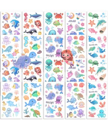 Qpout 20 Sheets Sea Animals Temporary Tattoos Glitter Tattoos for Kids  Ocean Fake Tattoos for Kids Party Favors  Dolphin Shark Octopus Fish Glitter Tattoo Stickers Sea Animals Tattoos