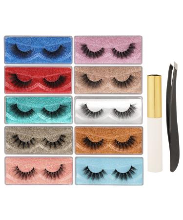 False Eyelashes Wispy 18mm Faux Mink Lashes Pack Set with GLUE TWEEZER TOOL Eye Lashes Sets Pack 10 Pairs 10 Styles Mixed Soft Reusable Fake Eyelashes Bulk with Glitter Portable Boxes style i - 10 Pairs Set (Glue Tweezer)