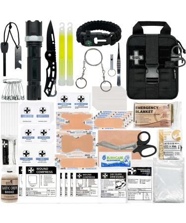 RHINO RESCUE Small First Aid Kit with Survival Tool Emergency Bag for Car Camping Backpacking Hiking Hunting Black