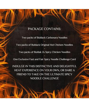 Ultimate Spicy Noodle Challenge Pack Samyang Buldak Variety Bundle with 2x Carbonara 2x Original Hot Chicken and 2x Nuclear Fire Double Spicy Noodles Korean Fire Noodle Challenge Kit - Buy Online on SooperMarket.com