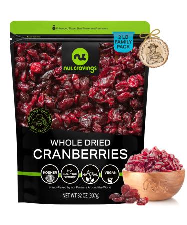 Sun Dried Whole Cranberries, Lightly Sweetened (32oz - 2 LB) Packed Fresh in Resealable Bag - Sweet Dehydrated Fruit, Snack Treat - Healthy Food, All Natural, Vegan, Kosher Certified