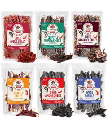 Dried Chili Peppers Variety Pack – Six Varieties of Chiles (29oz Total)- Ancho, Guajillo, Pasilla, Arbol, Chipotle, Cascabel. Essential for Mexican and Tex-Mex Cooking. By Amazing Chiles & Spices.