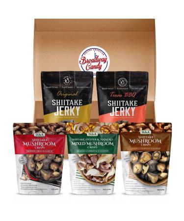 DJ&A Vegan Jerky & Mushroom Crisps Variety | 5 Pack by Broadway Candy | Vegan Snacks | Gluten Free Non-GMO