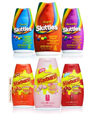 Starburst and Skittles Liquid Water Enhancer Variety Pack of 6-1 Bottle of Each Skittles and Starburst Flavors - 6 Candy Flavors in Liquid Water Enhancers - Bundle with Ballard Products Recipe Card