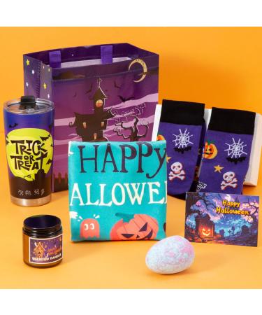 Halloween Ghost Set for Women Man Happy Halloween Trick or Treat Tumbler Halloween Socks Halloween Scented Candles Funny Gifts Set for Friends Sister Mom Dad Coworker Halloween Party Supplies