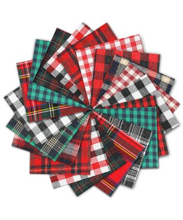Whaline 30Pcs Christmas Plaid Fabric Squares Buffalo Check Cotton Fabric Squares Red Green Black White Quilting Fabric Patchwork 15 Design Precut Quilt Charm Squares for DIY Art Craft Sewing  5 x 5