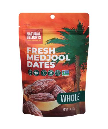 Natural Delights Medjool Dates  Large & Plump Whole Dates Medjool, Non-GMO Verified, Good Source of Fiber, Naturally Sweet Fruit Snack, Perfect for On-the-Go - Medjool Dates Whole, 8 oz Container