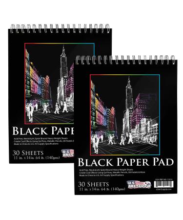 U.S. Art Supply 11" x 14" Premium Black Heavyweight Paper Sketch Pad, Pack of 2, 30 Sheets Each, 64lb (140gsm) - Spiral Bound Artist Drawing Paper - Colored Pencils, Gel Pens, Oil Pastels 11-x-14-inch