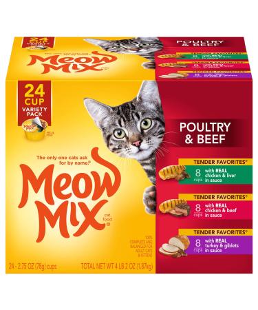 Meow Mix Tender Favorites Wet Cat Food, 2.75 Ounce Cups Variety Pack: Poultry & Beef 2.75 Ounce (Pack of 24)
