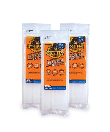 Gorilla Hot Glue Sticks, Mini Size, 8" Long x .27" Diameter, 25 Count, Clear, (Pack of 3)