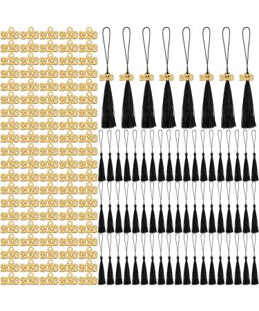 100 Pcs Mini Silky Bookmark Tassels with 100 Pcs 2023 Year Metal Charms for Graduation Keychain Mini Tassels for Crafts Graduation Cap Ornaments DIY Craft Project (Black)