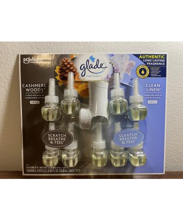 Glade Plugins Cashmere Woods & Clean Linen, 9 Scented Oil Refills and 1 Warmer