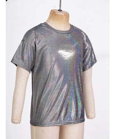 FEESHOW Kids Girls Sparkly Metallic Shiny T-Shirt | Boys Short Sleeves Loose Dance Costume | Black | 9-10 Years - Buy Online on SooperMarket.com