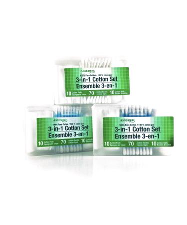Assured Cotton Pads Cotton Swabs Cotton Balls 3-in-1 Cotton Set- 3Ct Blue/Purple/White (90 Items) (3)