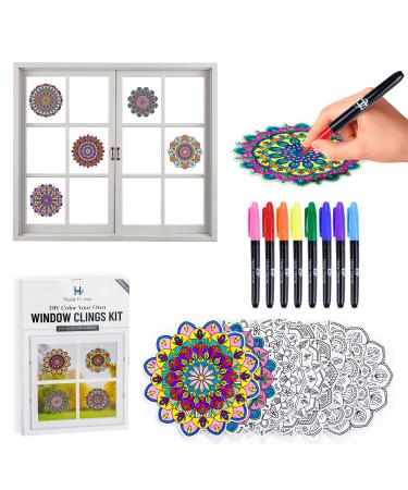 Color Your Own Stained Glass Mandala Window Clings and Markers, 10 Suncatchers for Windows, Arts and Crafts DIY Kit for Adults, Hobby, Gifts for Beginners, Kids, Teens, Seniors, Women, Elderly Stained Glass Style - New Markers