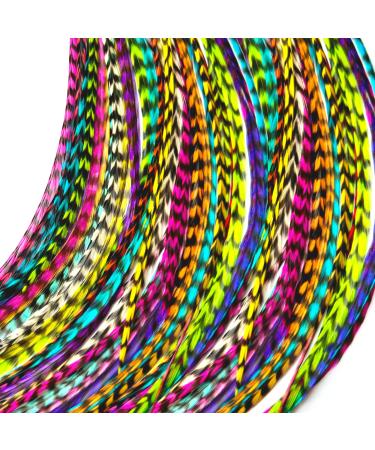 Feather Hair Extensions, 100% Real Rooster Feathers, Long Rainbow Colors (RAIN mix)