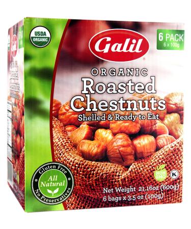 Galil Organic Roasted Chestnuts - 3.5 Oz Bags (Pack Of 6) - Shelled - Ready To Eat Snack, Gluten Free, All Natural, No Preservatives - Great for Snacking, Baking & Cooking - 100% Vegan