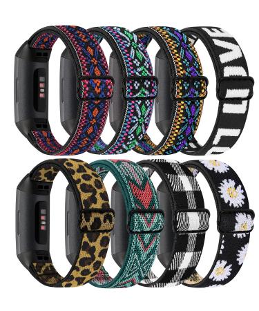 ShuYo 8 Pack Bands Compatible with Fitbit Charge 4 / Charge 3 / Charge 3 SE, Adjustable Replacement Watch Bands Fitness Sport Band Wristband for Women Men Bohemia red+Bohemia green+Bohemia purple+Black white word+Leopard+G…