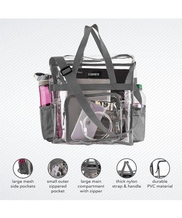 Clear Stadium Approved Tote Bag with Mesh Pockets, Zippered Top, and Shoulder Straps - Ideal for Work, School, Games, and Concerts - Clear/Grey Trim - Buy Online on SooperMarket.com