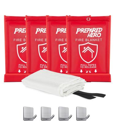 Prepared Hero Emergency Fire Blanket - 4 Pack + 4 Hooks- Fire Suppression Blanket for Kitchen, 40 x 40 Fire Blanket for Home, Fiberglass Fire Blanket