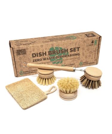 Jungle Culture Premium Washing Up Brushes & Loofah Scourer Eco Dish Brush Set  Long Handle Bamboo Brush with 3 Replacement Heads Eco Friendly Dishwashing Wooden Kitchen Brush Pans Plates Dishes 4 Piece Kitchen Cleaning Brushes Set
