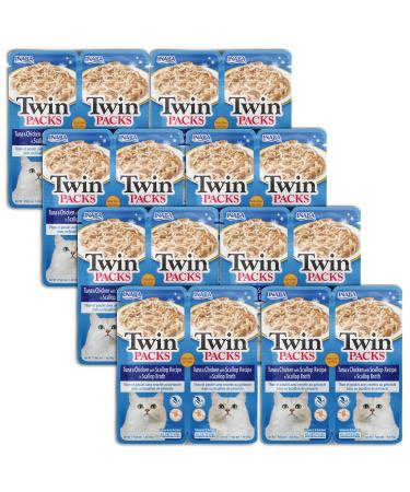 INABA Twin Packs for Cats, Grain-Free Shredded Chicken & Broth Gele Side Dish/Topper Pouch, 1.4 Ounces per Serving, 22.4 Ounces Total (16 Servings) Tuna & Chicken with Scallop Recipe in Scallop Broth