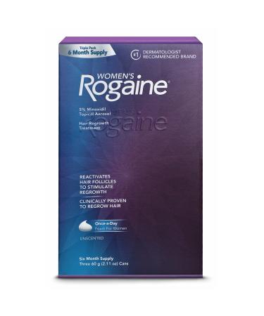 Women's ROGAINE 5% Minoxidil Topical Aerosol Hair Regrowth Treatment (Unscented) Foam - SIX MONTH SUPPLY - Three 60g. (2.11 oz) Cans (Packaging varies)