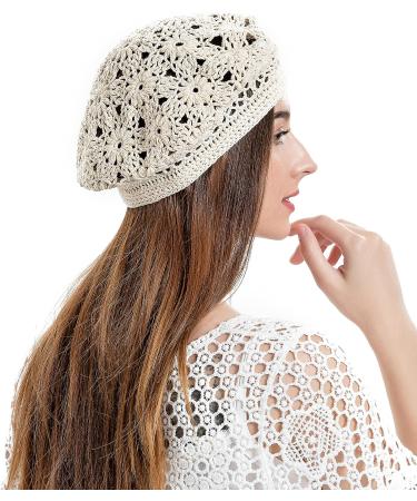 ZLYC Handmade Cotton Slouchy Crochet Beret with Cutout Floral Design - Plain Beige Women's Beanie Hat - Buy Online on SooperMarket.com