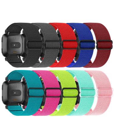 ShuYo 10 Pack Elastic Nylon Adjustable Wristband is Compatiable with Fitbit Versa/Versa 2/Versa Lite/Versa SE for Women Men,Soft Breathable Fabric Replacement Band for Fitbit Versa Wine+Blue+Malachite green+Red+Water orchi…